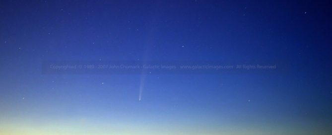 I took this image of Comet Bradfield from Dayton-Yellow Springs Road this morning at about 5:40 am. Looking East- Northeast just before sunrise on 4/27/04. Canon 10D Digital Camera ISO 400 with a 20mm lens at F 4.5 for four 30 second exposures.