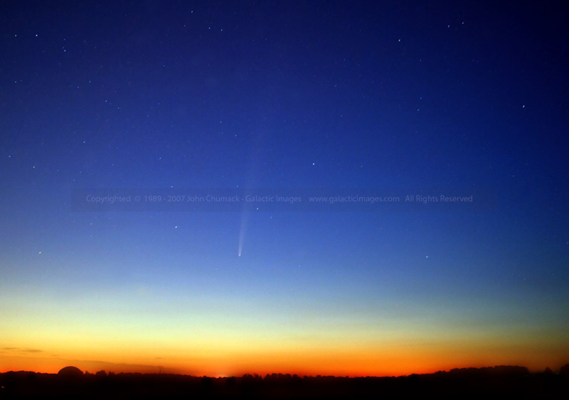 I took this image of Comet Bradfield from Dayton-Yellow Springs Road this morning at about 5:40 am. Looking East- Northeast just before sunrise on 4/27/04. Canon 10D Digital Camera ISO 400 with a 20mm lens at F 4.5 for four 30 second exposures.