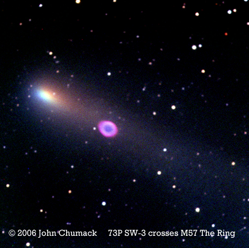 Comet 73P Schwassmann-Wachmann 3 sweeps over M57 The Ring Nebula on 2006-05-08 at 03:44:26.734 U.T.