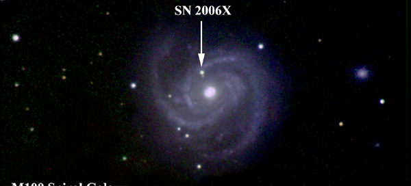 The arrow points to the new bright type Ia Supernova (SN 2006X) in M100 Spiral Galaxy in Coma Berenices. The Supernova 2006X in this 51-minute exposure taken on 02/12/06 is at 14.5 magnitude, it's on the rise up from 17th mag at discovery on 02/04/06 and is expected to reach 11.5 magnitude. M100 is a Mag 10.2 Sc type Spiral Galaxy in Coma Berenices. It is approximately 7.5' x 6.4 arc minutes in size. M100 Galaxy is estimated to be about 110,000 Light years across.M100's distance is approximately 56 Million Light years away. There are two other galaxies visible in the field of view which are NGC-4322 - bottom and NGC-4328 - right.