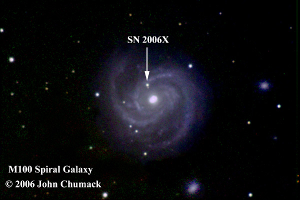 The arrow points to the new bright type Ia Supernova (SN 2006X) in M100 Spiral Galaxy in Coma Berenices. The Supernova 2006X in this 51-minute exposure taken on 02/12/06 is at 14.5 magnitude, it's on the rise up from 17th mag at discovery on 02/04/06 and is expected to reach 11.5 magnitude. M100 is a Mag 10.2 Sc type Spiral Galaxy in Coma Berenices. It is approximately 7.5' x 6.4 arc minutes in size. M100 Galaxy is estimated to be about 110,000 Light years across.M100's distance is approximately 56 Million Light years away. There are two other galaxies visible in the field of view which are NGC-4322 - bottom and NGC-4328 - right.