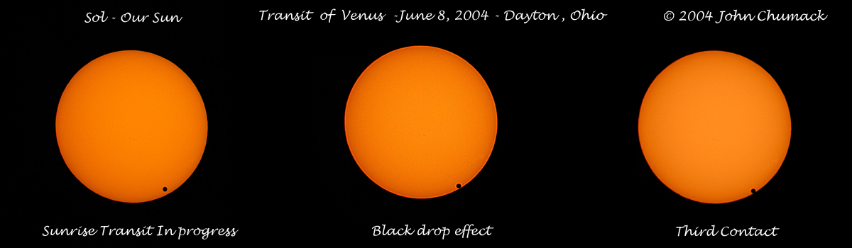 I took this image of The Venus Transit this morning at 6:30 am - 7:07 am at sunrise on 6/08/04. Canon 10D Digital Camera ISO 100 with an 8" F5.5 for 1/500 second exposures.