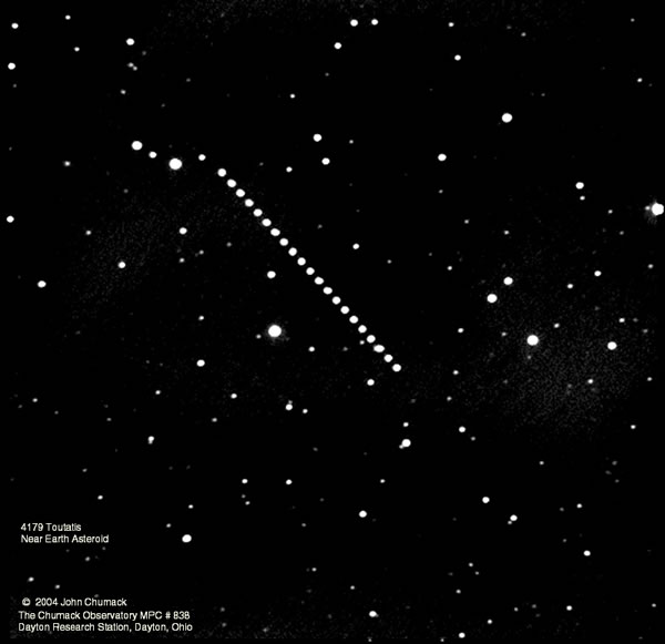 The Image & movie shows the track of Near Earth Asteroid 4179 Toutatis on September 21st 2004 from 03:08:12 U.T. to 05:13:03 U.T. as this Pontentially Hazardous Asteroid swings by the Earth again.