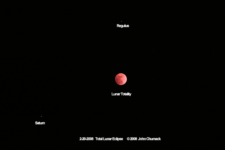 Total lunar eclipse wide angle 125mm lens lunar eclipse showing the planet Saturn & bright star Regulus-Alpha Leo on 02/20/2008.