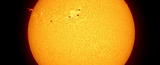 Full Disk Hydrogen Alpha Sun with Large Sunspot Groups AR2993, AR2994(right), these active regions are crackling with M class flares 04-22-2022