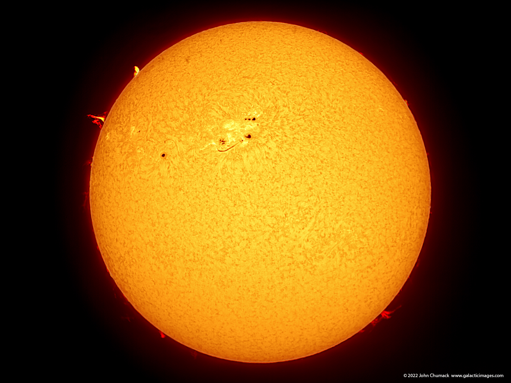 Full Disk Hydrogen Alpha Sun with Large Sunspot Groups AR2993, AR2994(right), these active regions are crackling with M class flares 04-22-2022