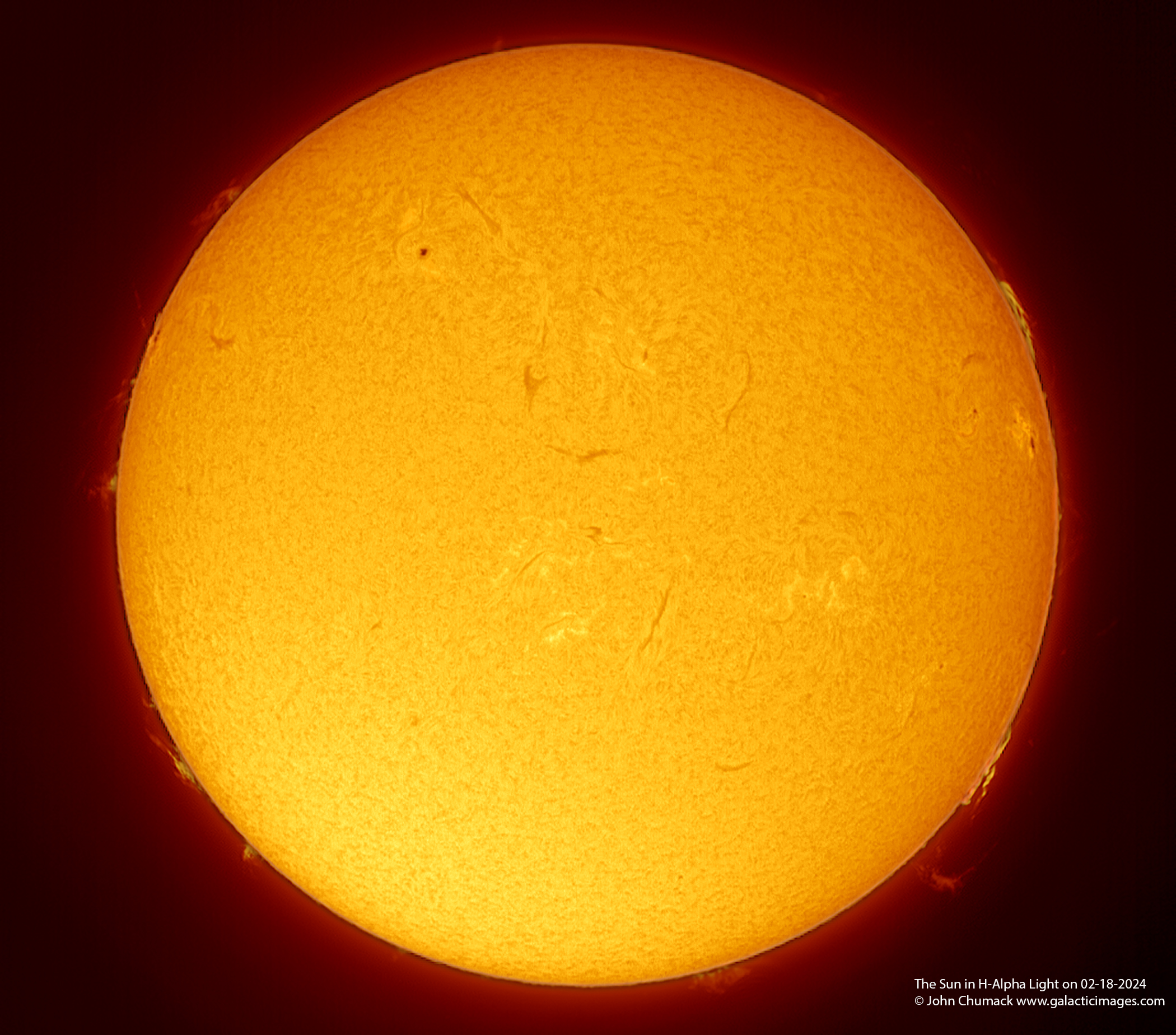 Sun in H-Alpha with Active Sunspots, Prominences, and Filaments