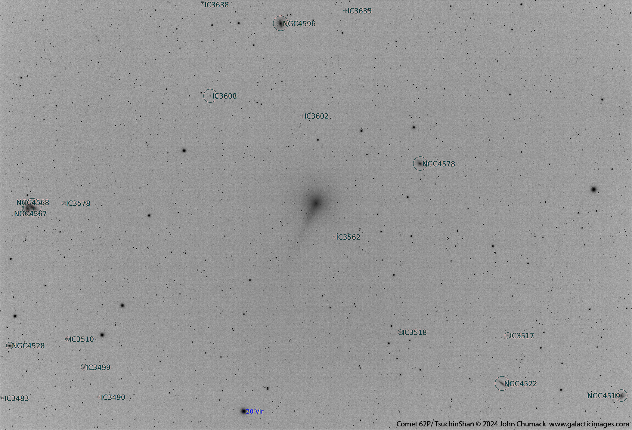 Annotated Negative image of Comet 62P Tsuchinshan 02-04-2024