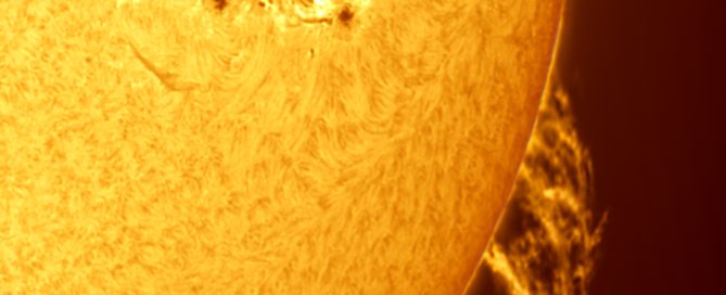 Massive Sunspot and Active Region #3664 with Large Prominences on the South Western edge of the Sun