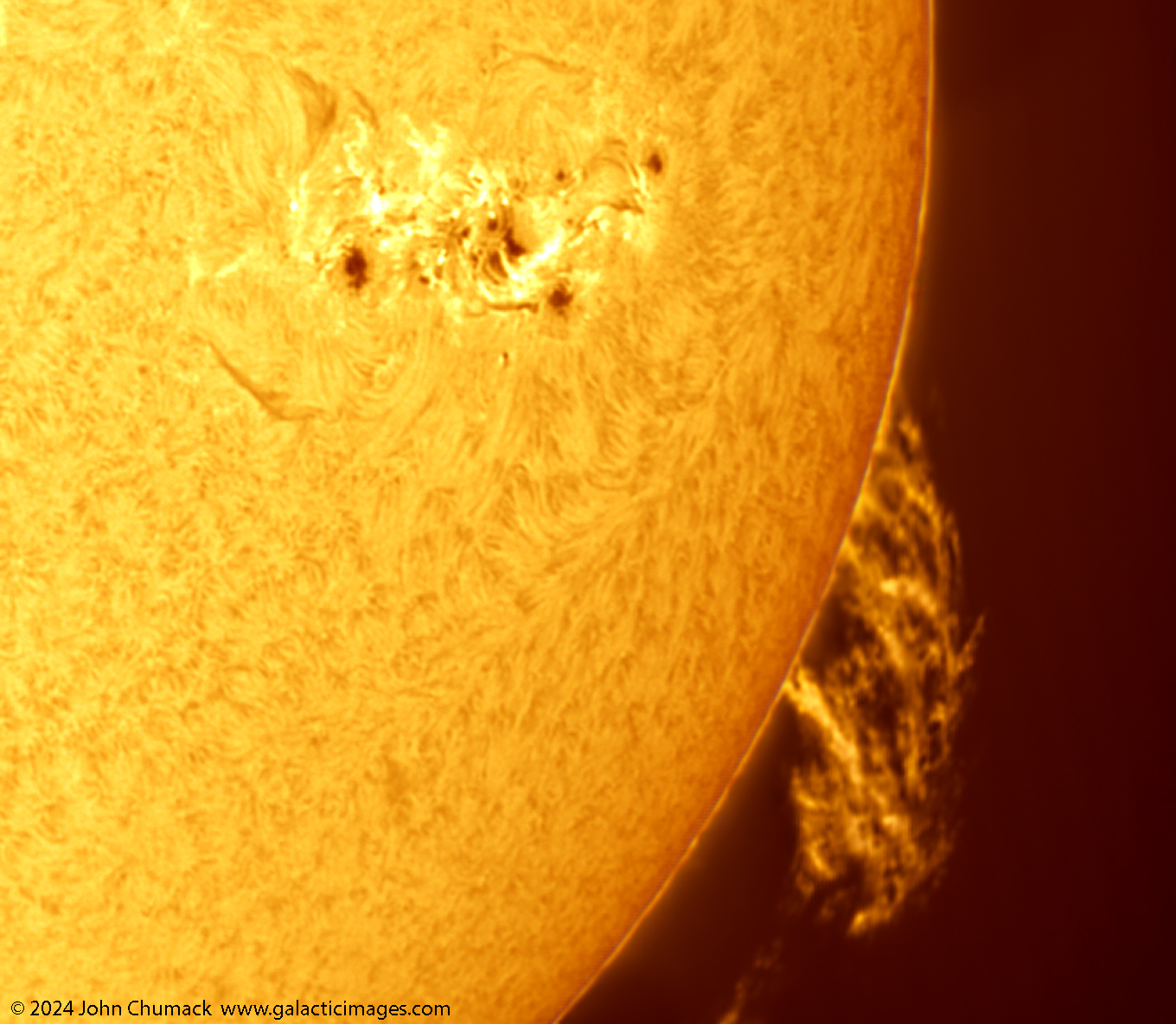 Massive Sunspot and Active Region #3664 with Large Prominences on the South Western edge of the Sun